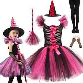 Fantasia Infantil Bruxa Rosa – Vestido Tule com Chapéu para Halloween