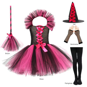 Fantasia Infantil Bruxa Rosa – Vestido Tule com Chapéu para Halloween