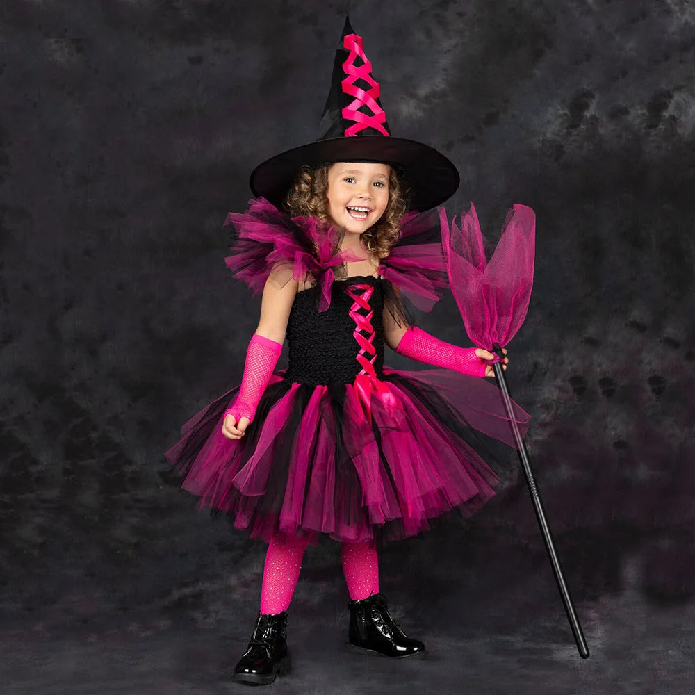 Fantasia Infantil Bruxa Rosa – Vestido Tule com Chapéu para Halloween