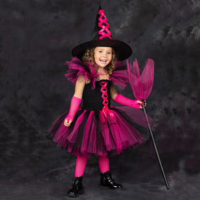 Fantasia Infantil Bruxa Rosa – Vestido Tule com Chapéu para Halloween