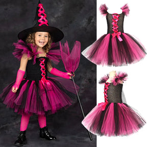 Fantasia Infantil Bruxa Rosa – Vestido Tule com Chapéu para Halloween
