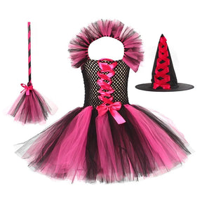Fantasia Infantil Bruxa Rosa – Vestido Tule com Chapéu para Halloween
