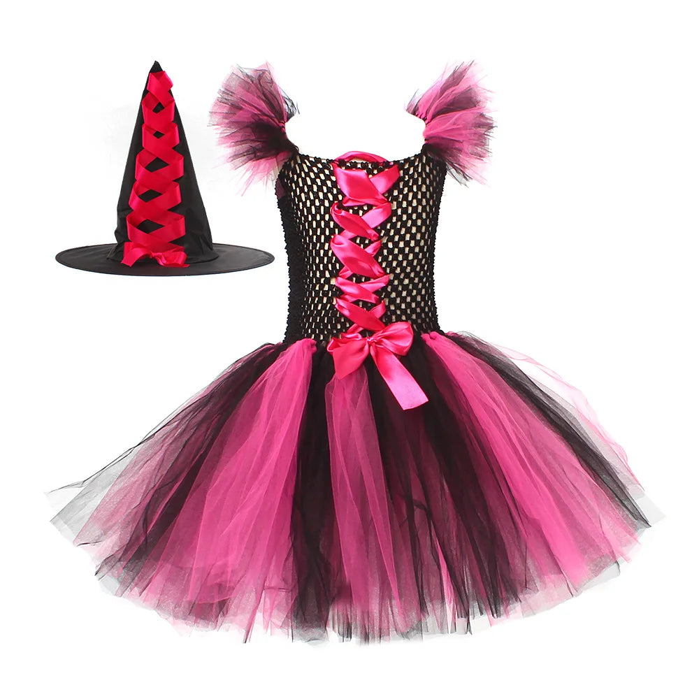 Fantasia Infantil Bruxa Rosa – Vestido Tule com Chapéu para Halloween